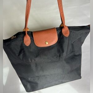 Longchamp Paris Le Pliage Tote Black Brown Leather Purse Big Bag Medium Nylon